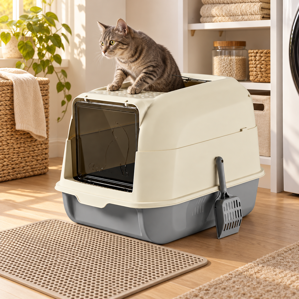 Gray tabby cat climbing out of the top opening of a covered litter box