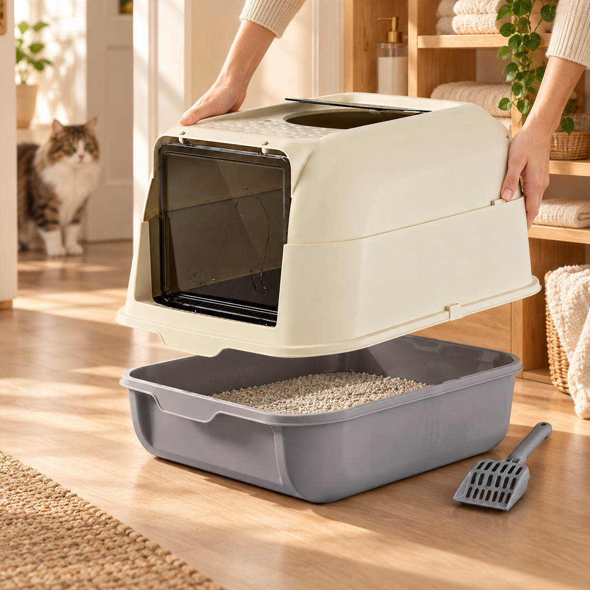 Hands lifting the cream hood off the gray base of a litter box, scoop resting beside it