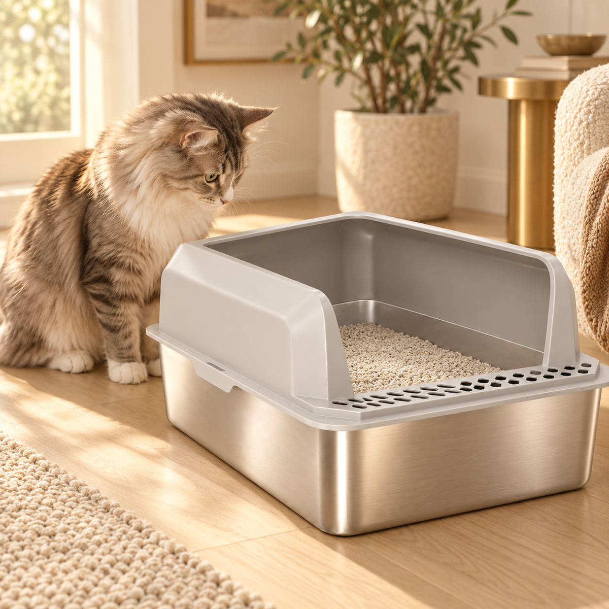 Fluffy tabby cat looking at a high-sided stainless steel litter box with a gray rim and perforated step on a wood floor