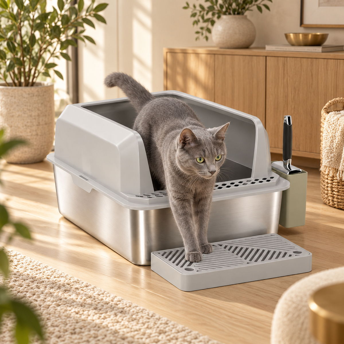 Gray cat stepping out of a stainless steel litter box with high gray sides, a grated mat and a scoop holder beside it