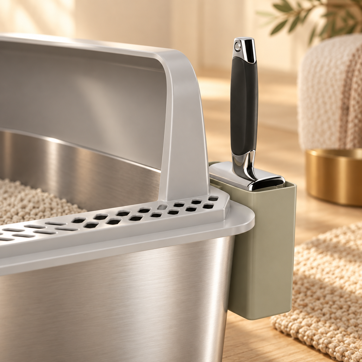Close-up of a stainless steel litter box's gray perforated rim with a scoop standing in a sage green holder on the side