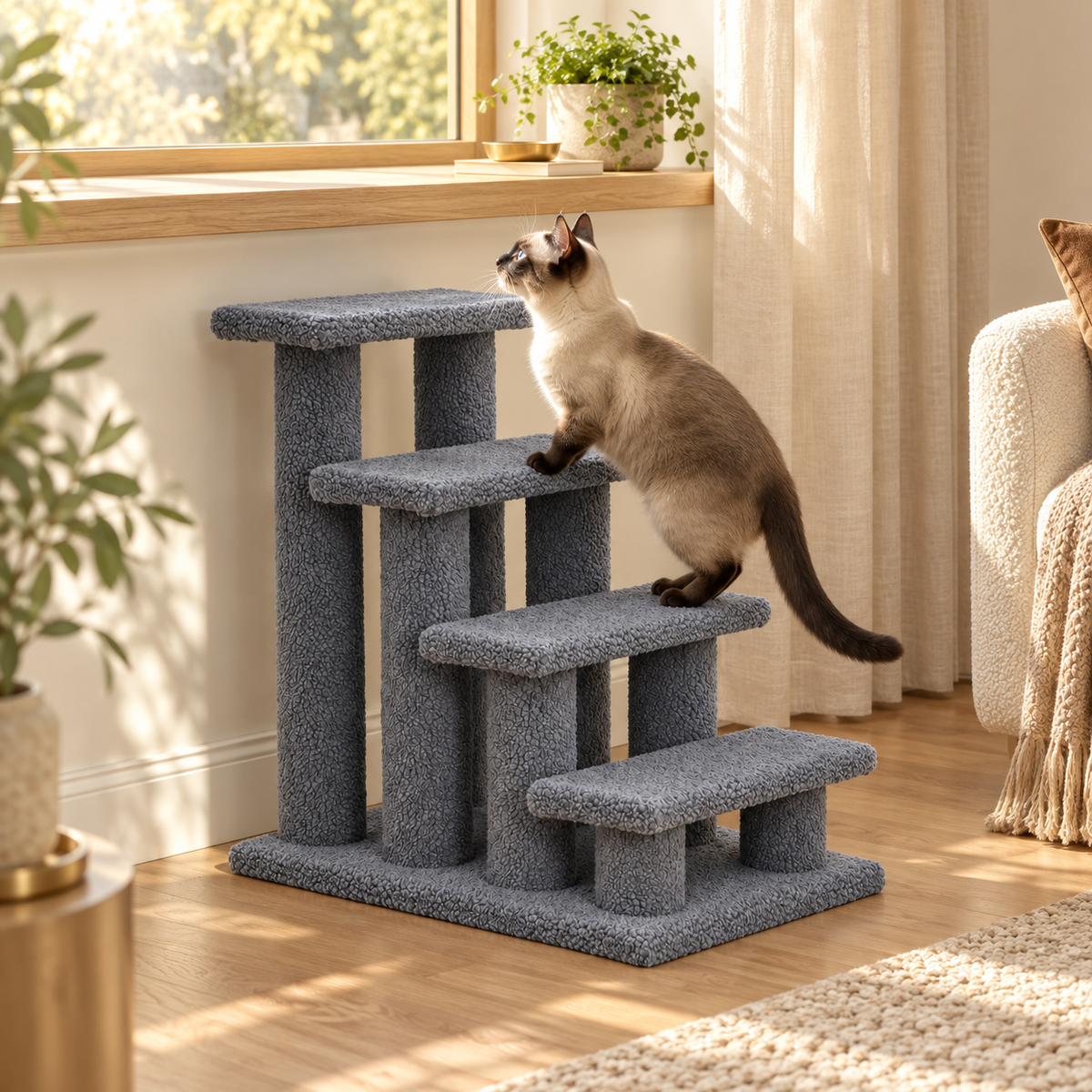 Siamese cat pausing on gray carpeted cat stairs below a sunny window ledge