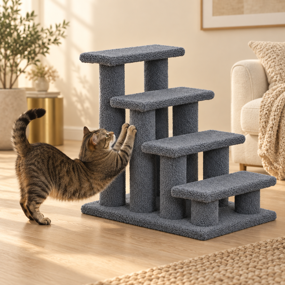 Tabby cat scratching a fleece-covered post beneath gray carpeted cat stairs
