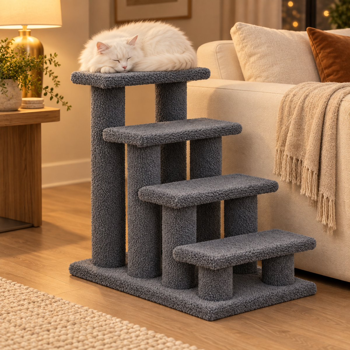 Fluffy white cat curled up on the top step of gray cat stairs beside a sofa at night
