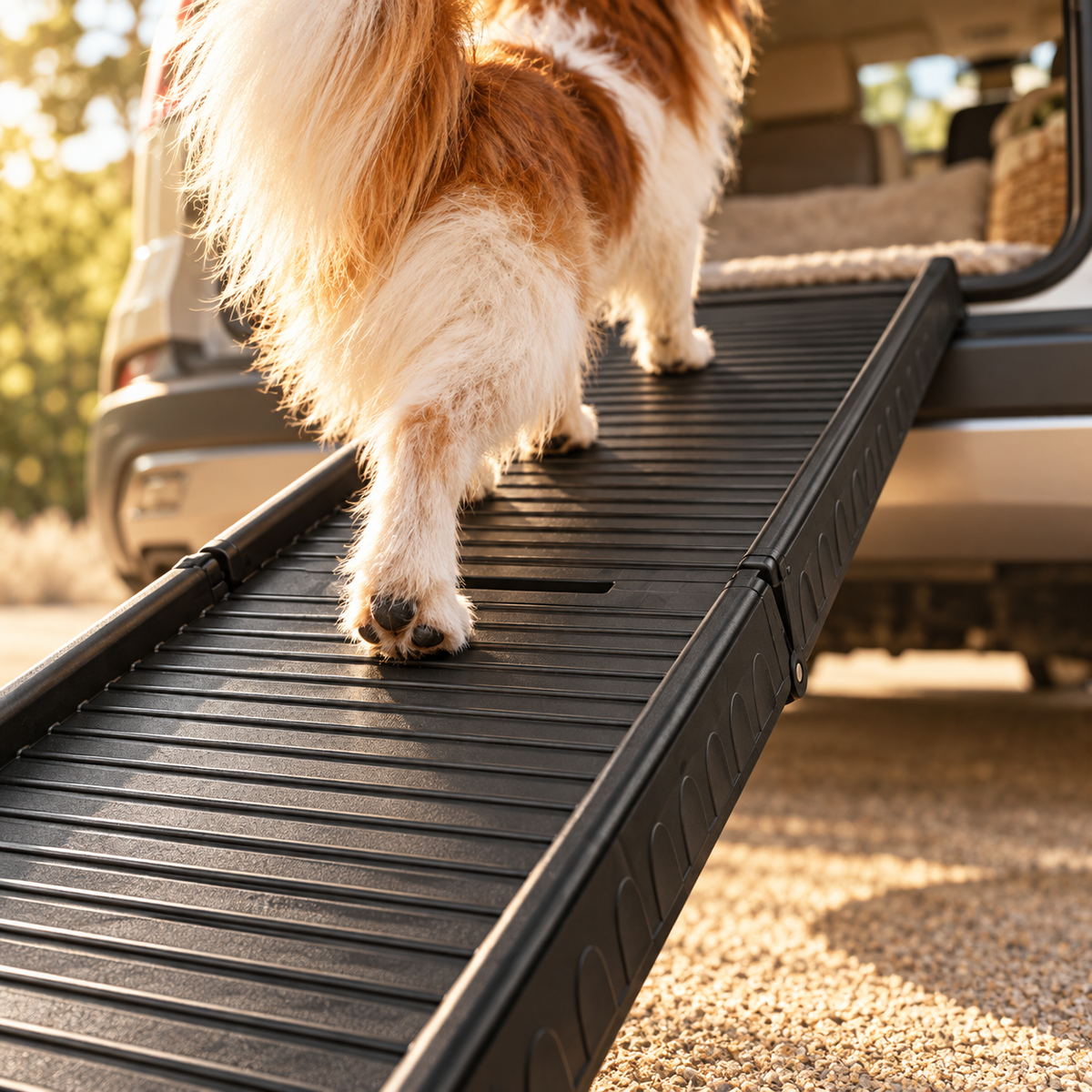 Fluffy dog's paws on the ribbed black surface of a tri-fold dog ramp leading into a car