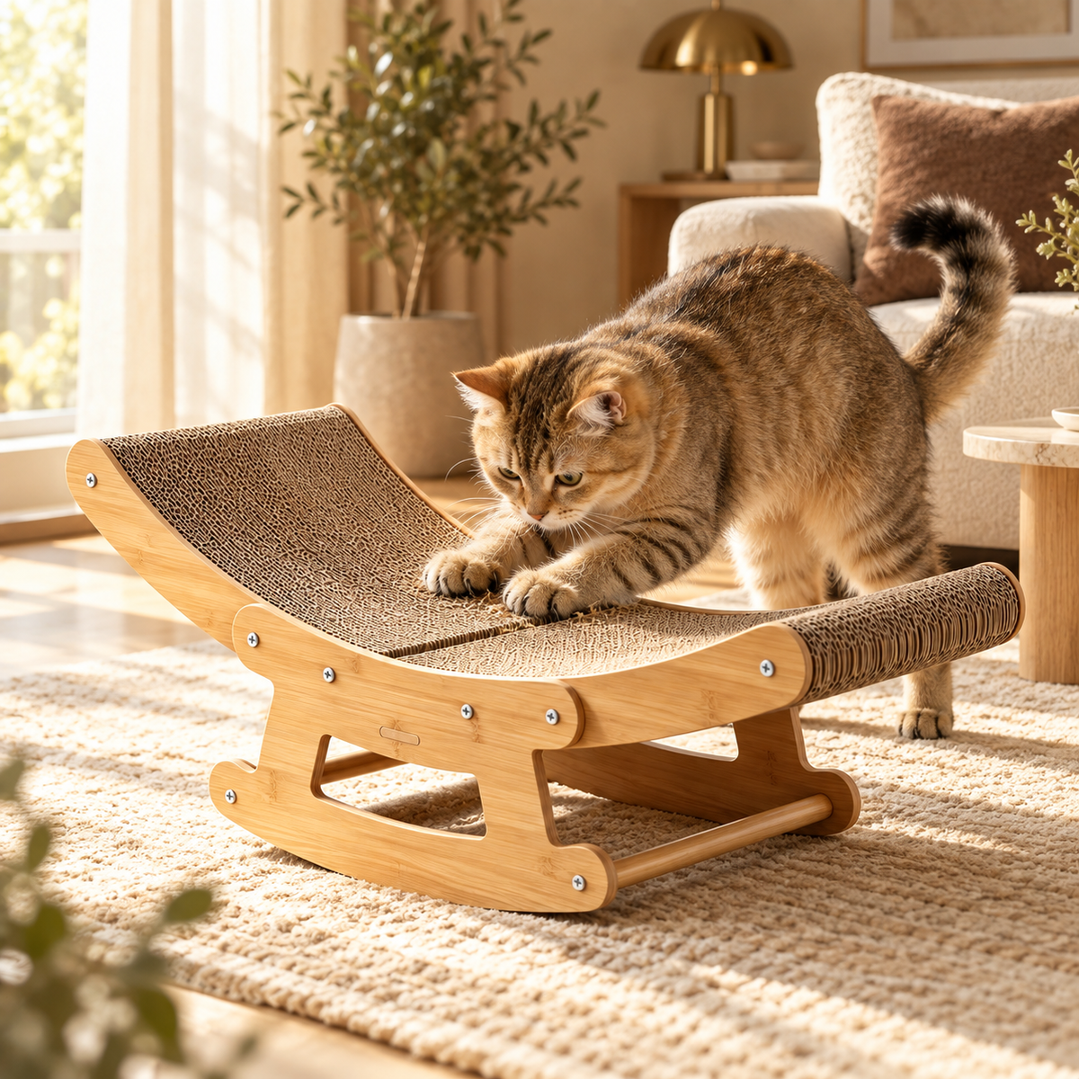 Tabby cat stretching its paws onto a curved cardboard scratching surface of a wooden rocking cat scratcher chair