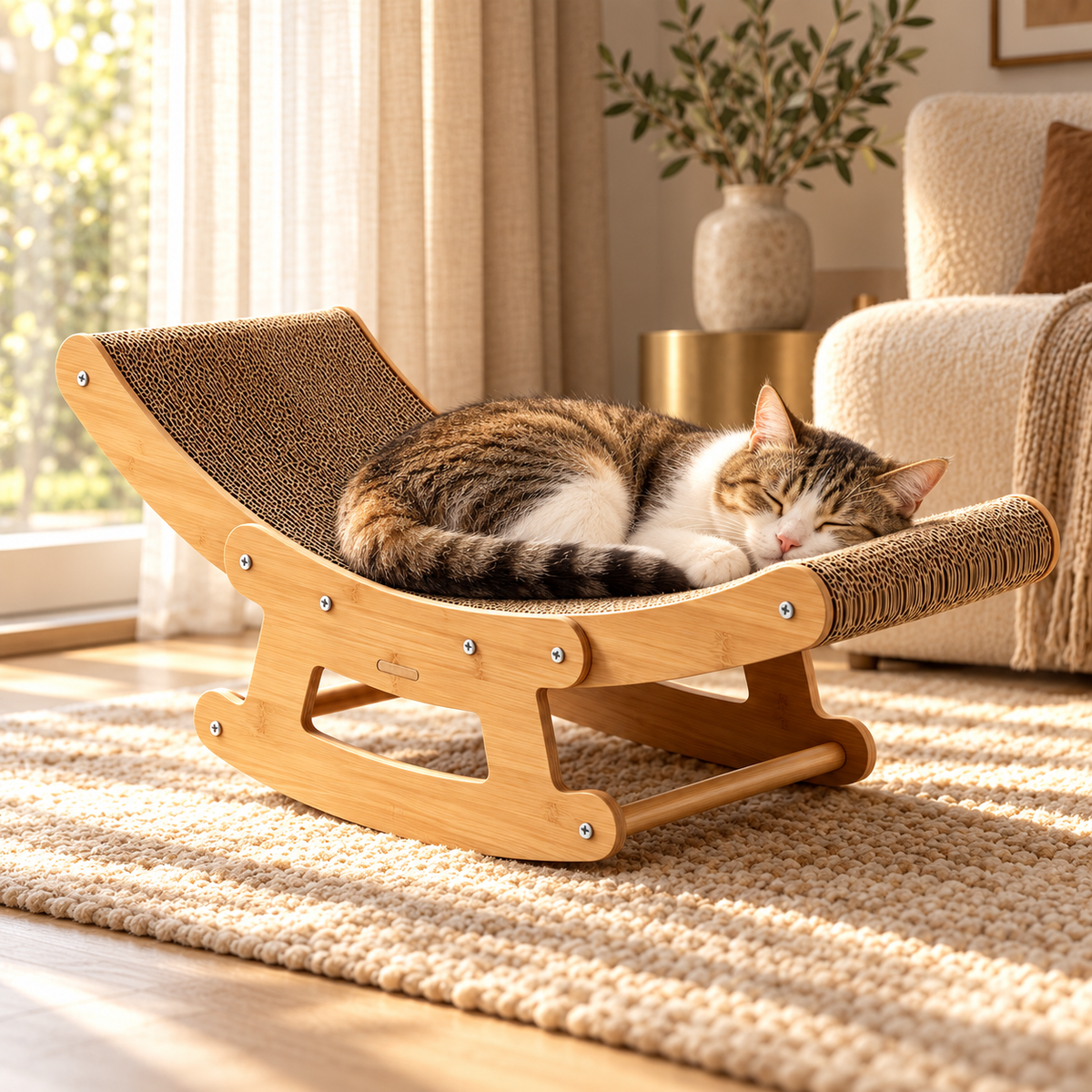 Tabby and white cat asleep curled on the curved corrugated surface of a bamboo wood cat rocking scratcher