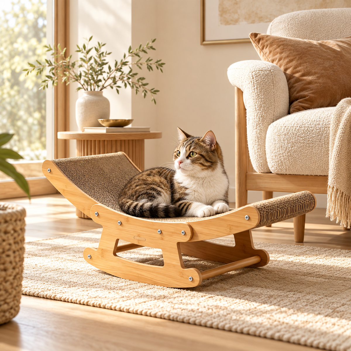 Tabby and white cat sitting upright on a wooden rocking cat scratcher chair in a living room beside an armchair