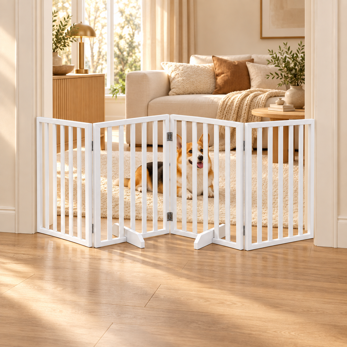 Corgi lying behind a white wooden freestanding pet gate with folding panels set across a living room doorway