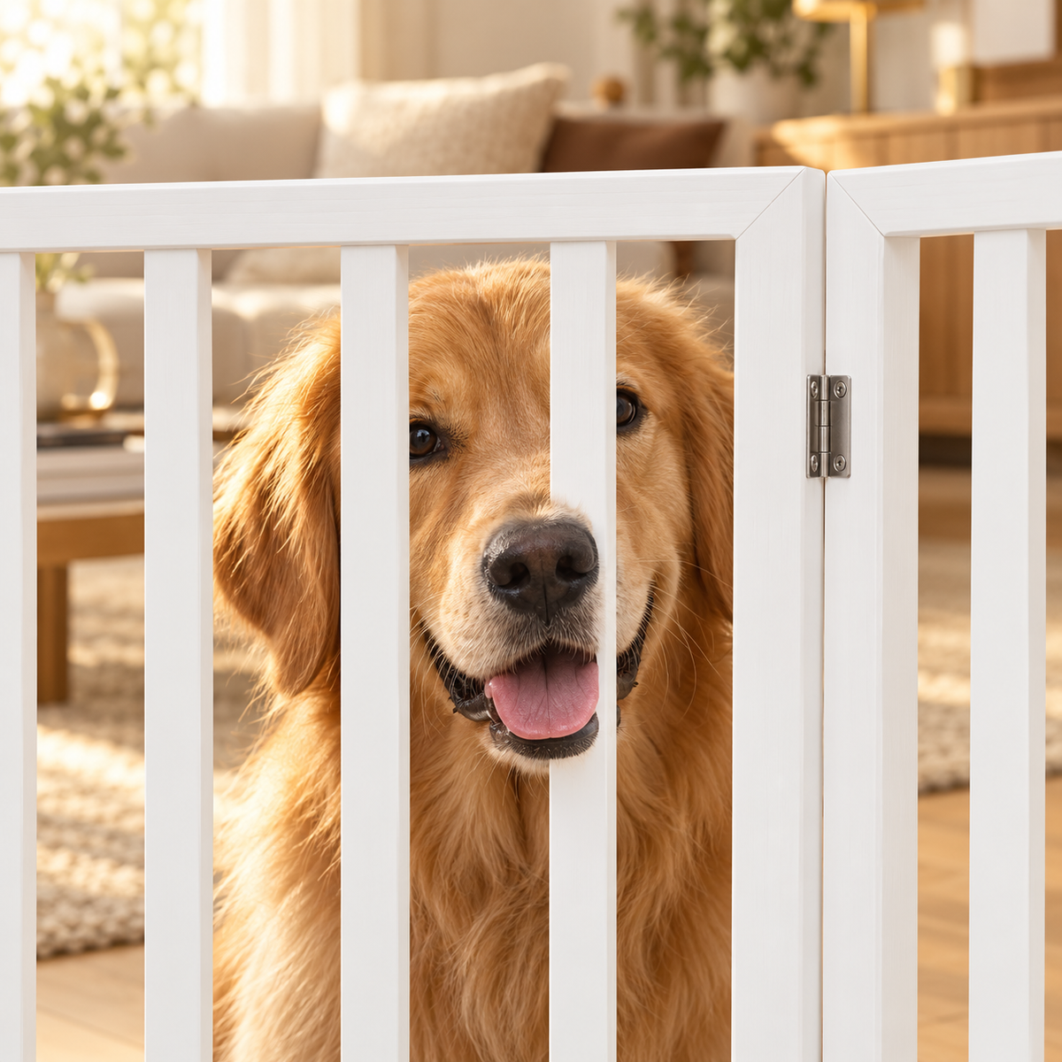 Golden retriever with a happy open mouth looking through the vertical slats of a white wooden folding pet gate