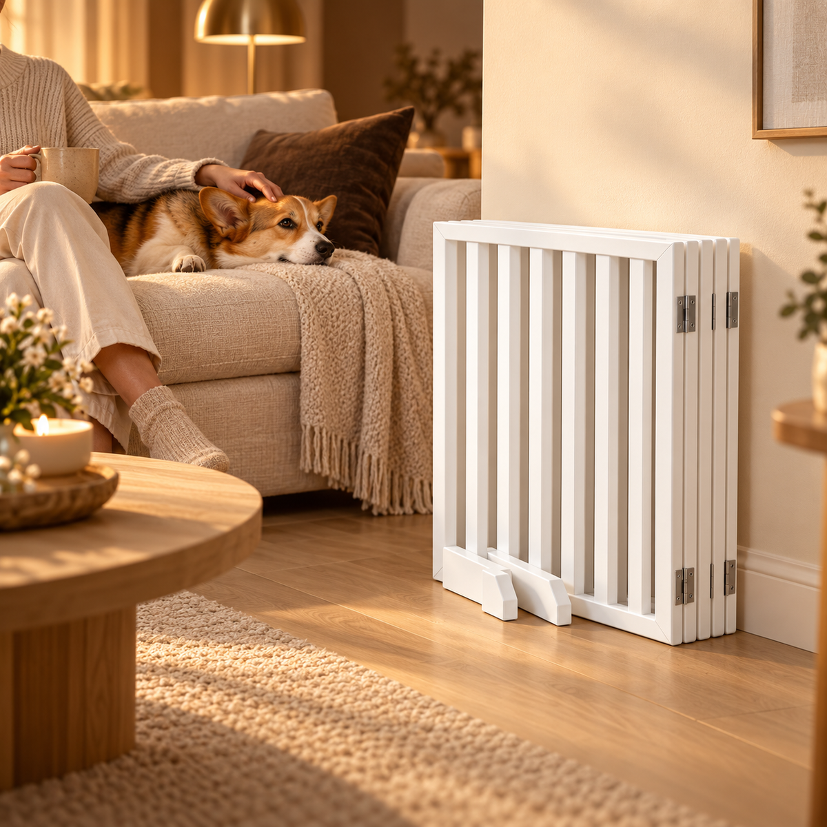Folded white wooden pet gate leaning against the wall while a person and a corgi relax on a sofa