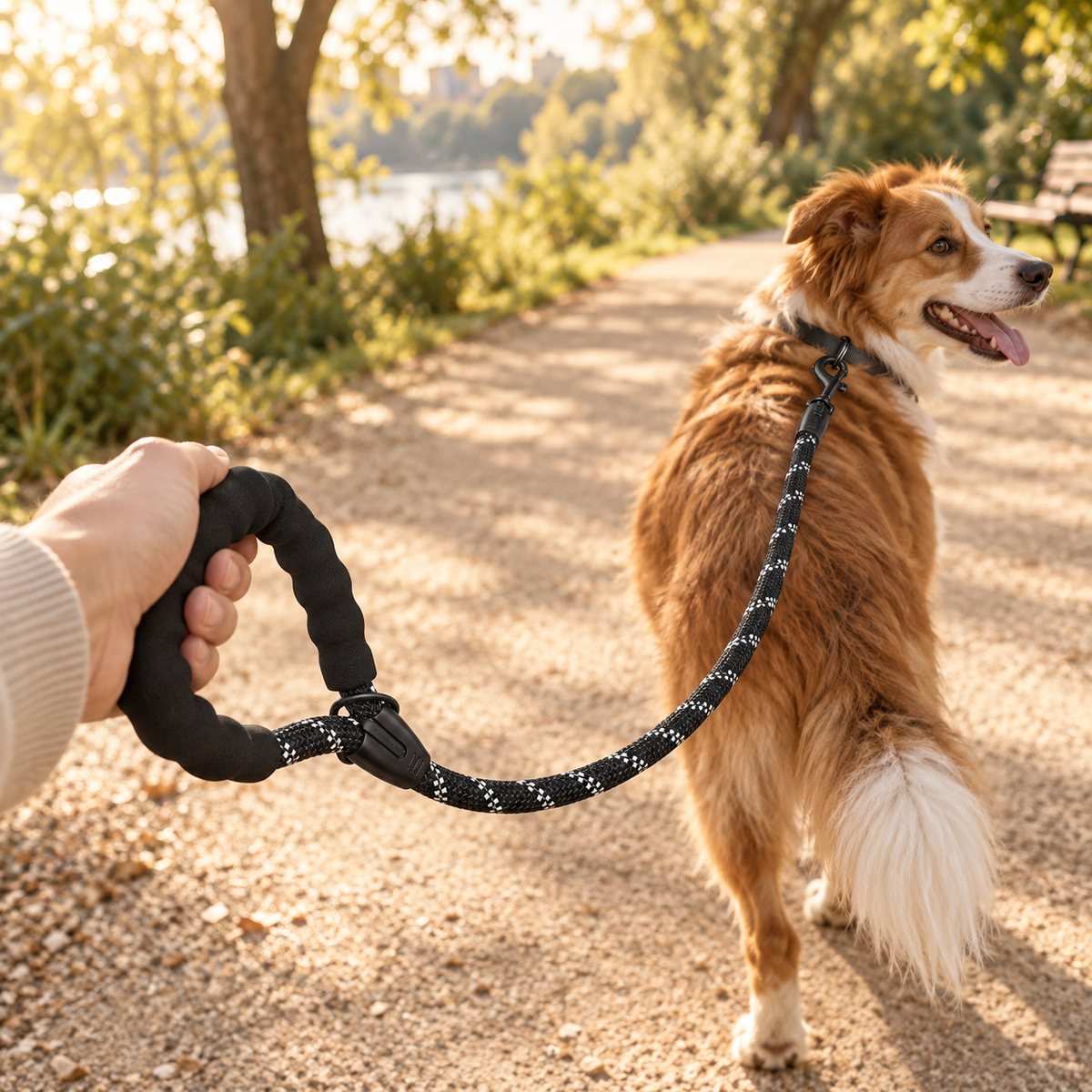 Brown and white dog walking on a gravel path on a black and white reflective rope leash with a padded black handle