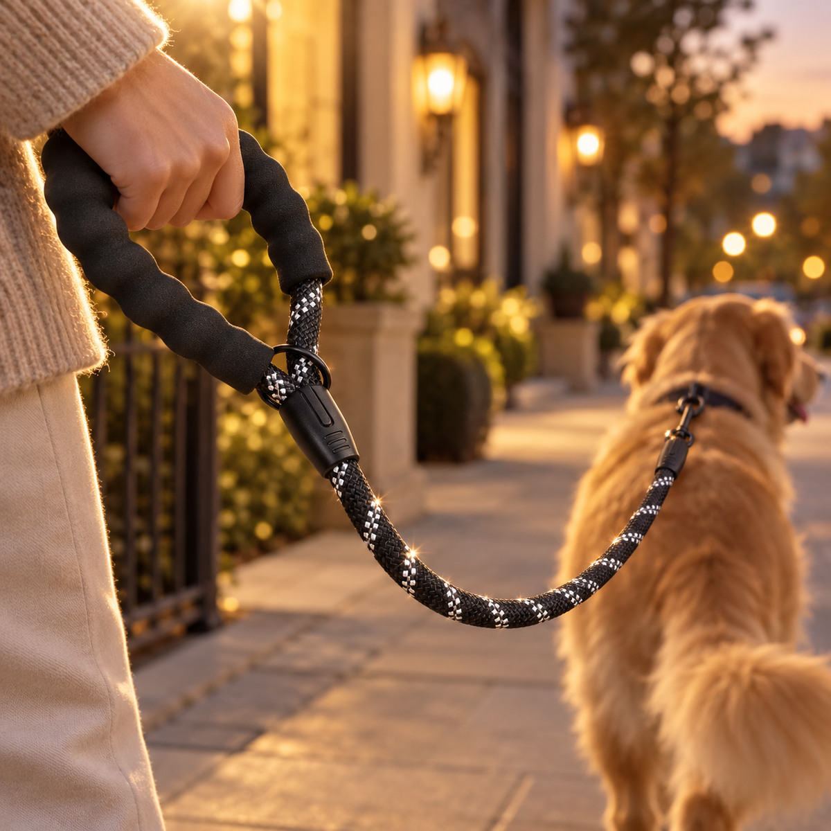 Hand holding the padded black handle of a rope dog leash with reflective flecks as a golden dog walks ahead at dusk