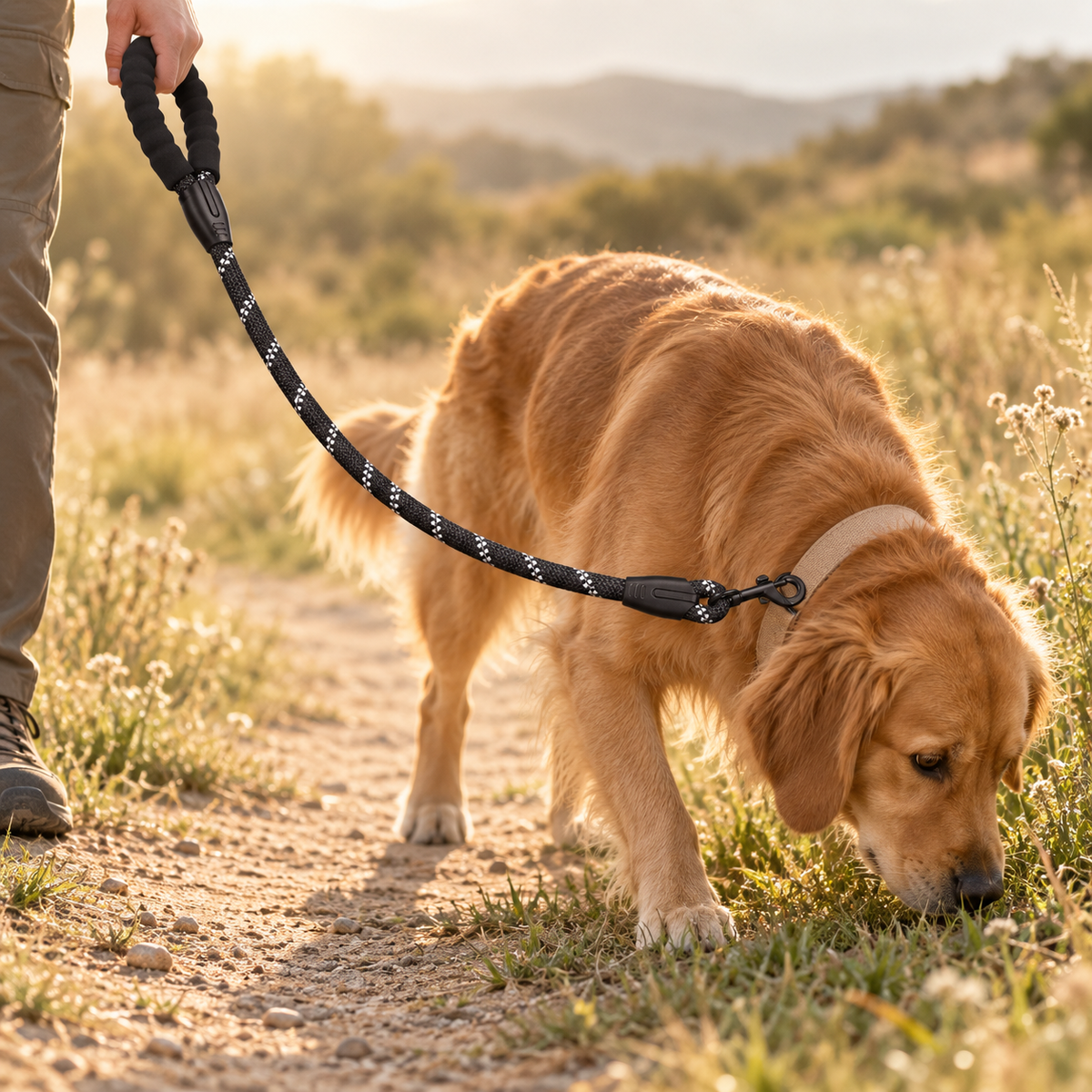 Golden retriever sniffing grass on a trail wearing a collar clipped to a black reflective rope dog leash