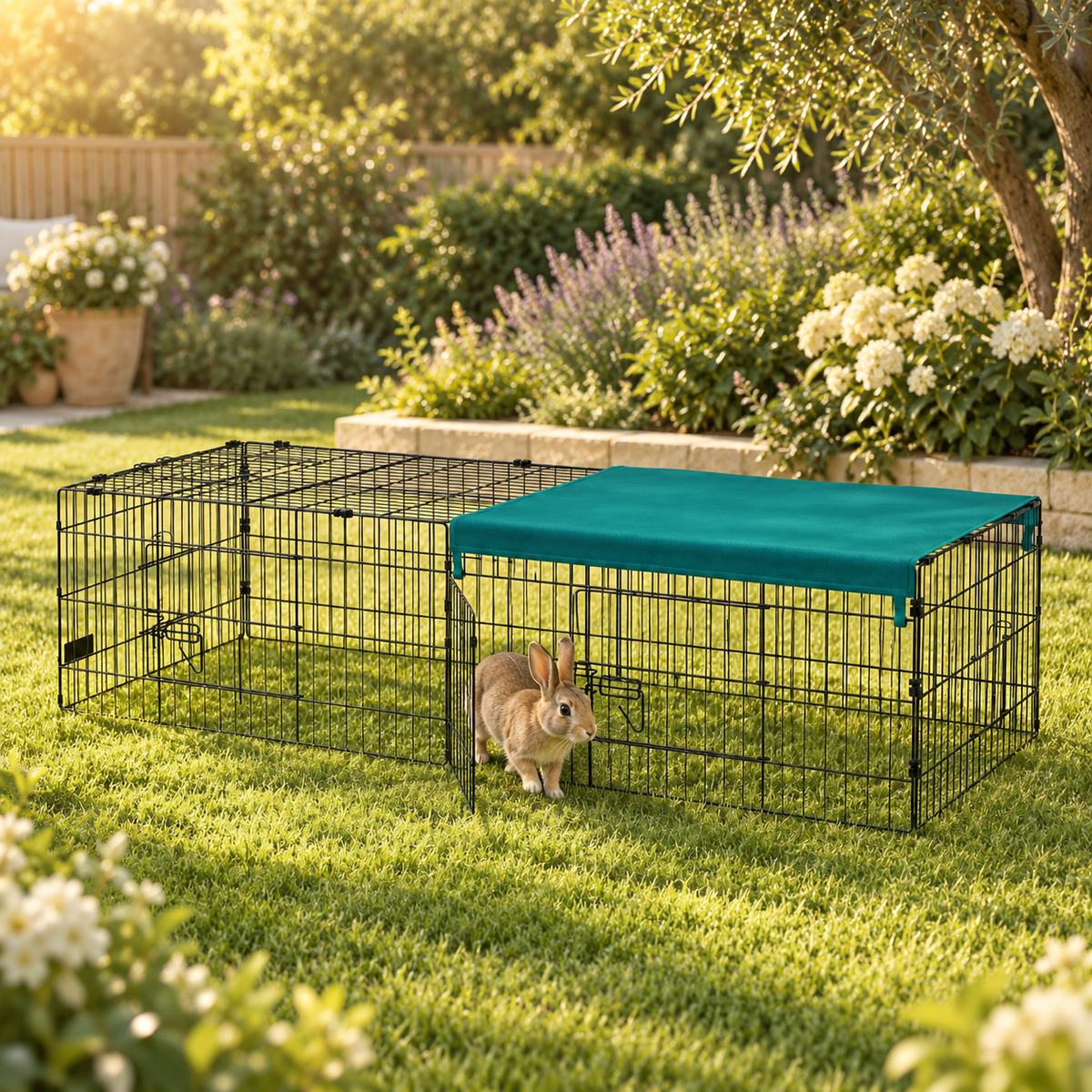 Rabbit at the front of a long black wire playpen with a green fabric roof on a garden lawn beside flower beds