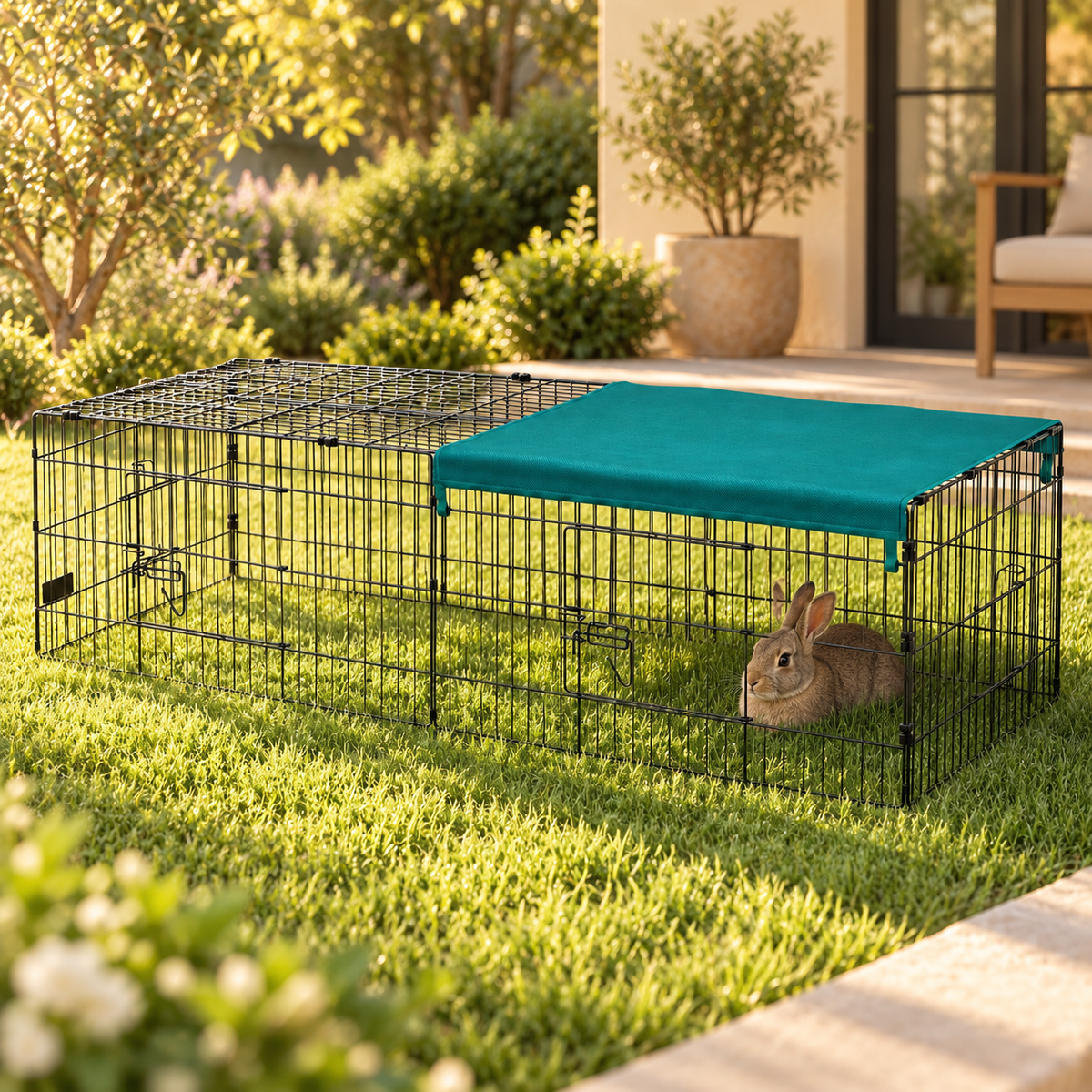 Brown rabbit lying in the shaded end of a wire rabbit playpen under its green fabric cover on a sunny lawn