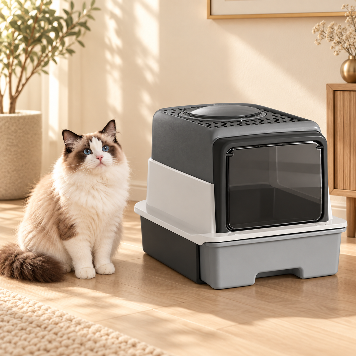 Gray and white enclosed cat litter box with a smoked front door as a ragdoll cat sits beside it in a sunlit room