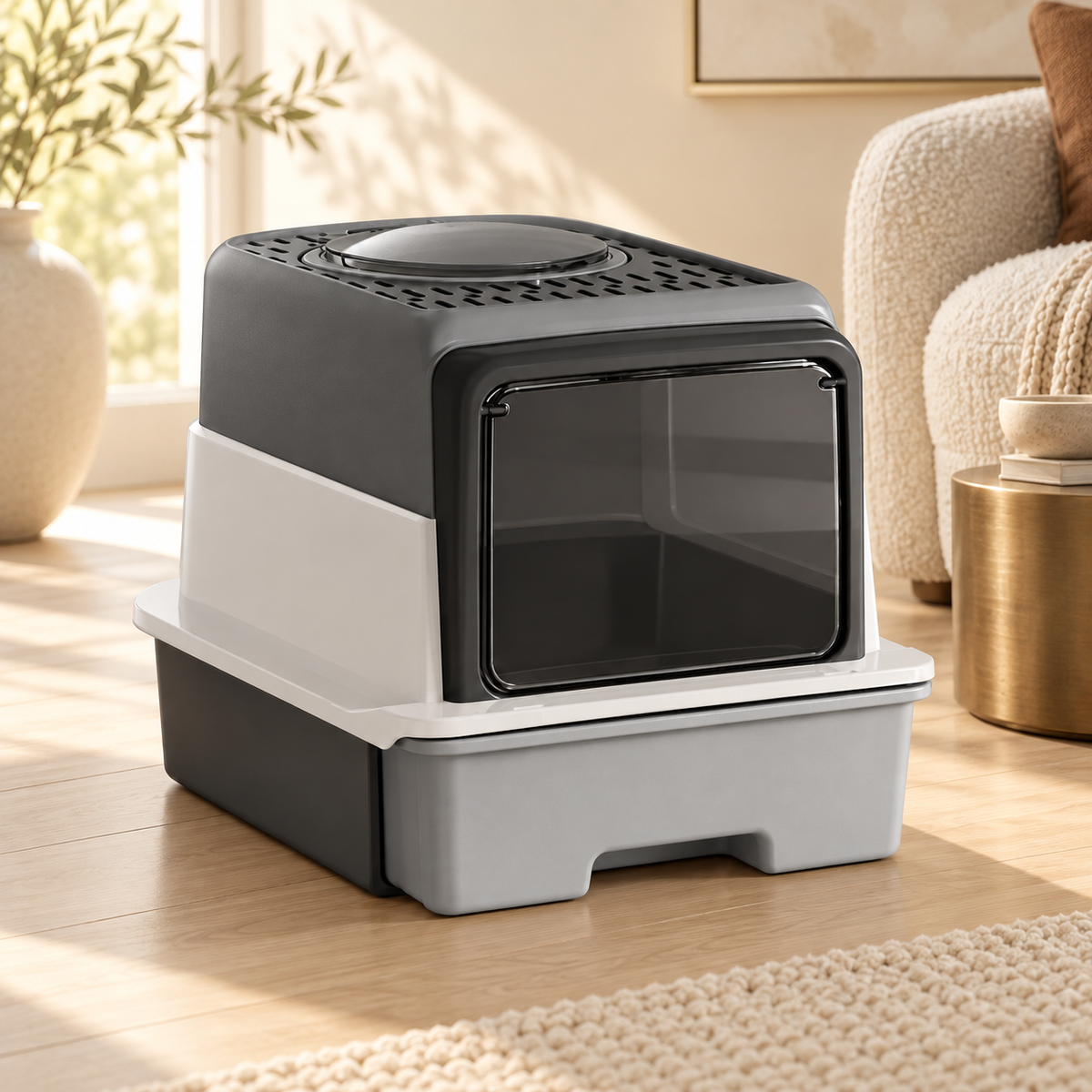 Gray enclosed cat litter box with a pull-out drawer base and smoked door, standing on a wood floor by a boucle armchair