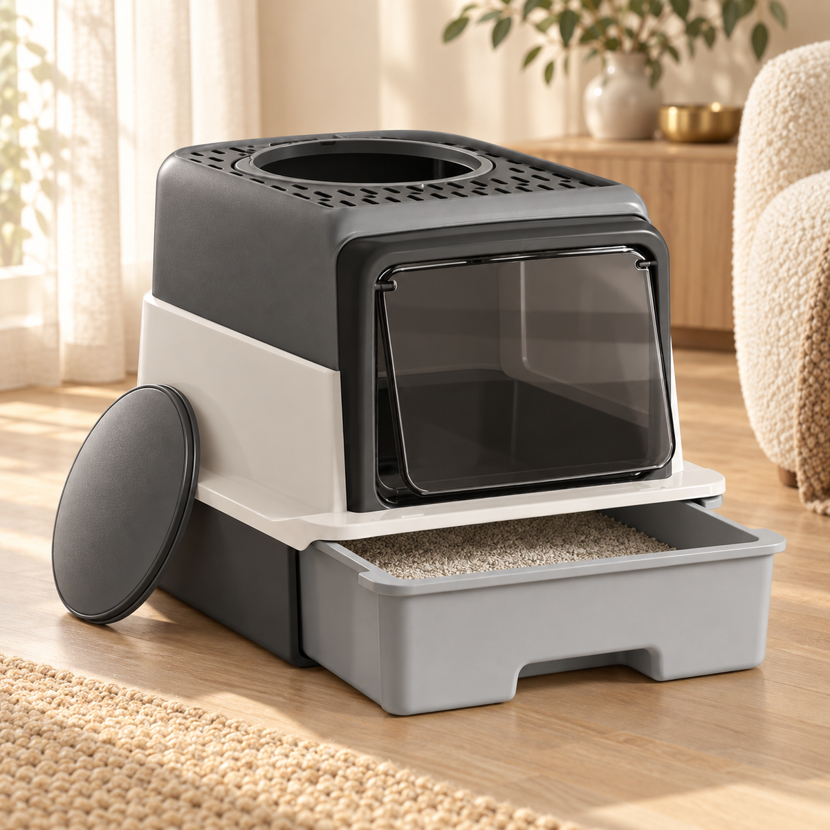 Enclosed cat litter box with its tray drawer slid open to show litter, and the round gray lid propped beside it