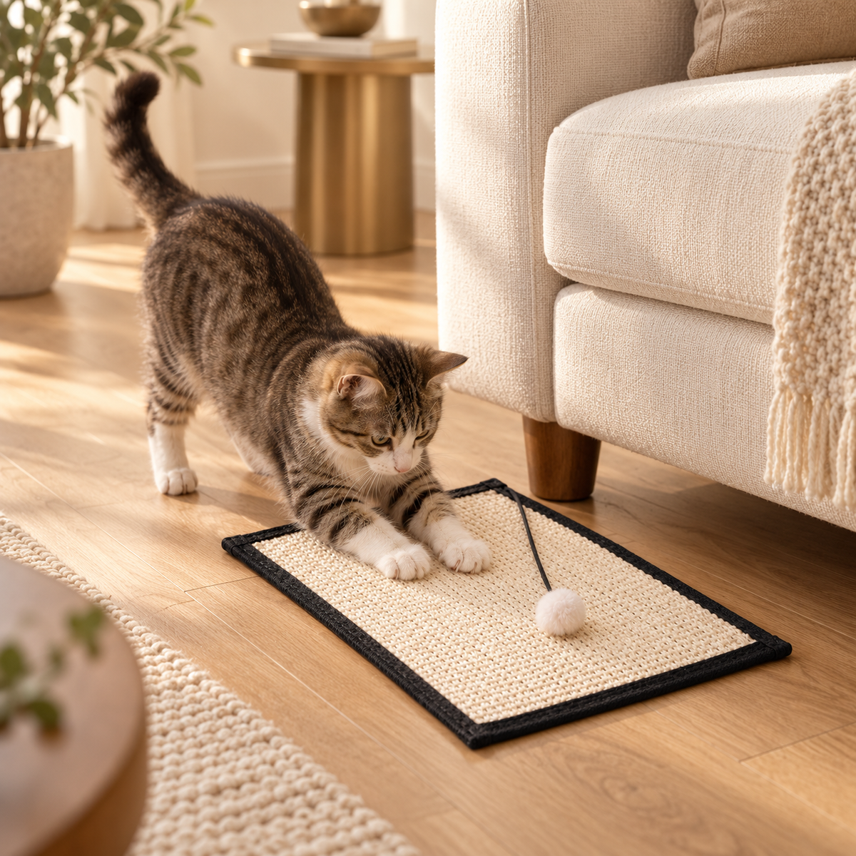 Tabby kitten scratching a flat sisal pad on the floor beside the leg of a cream sofa