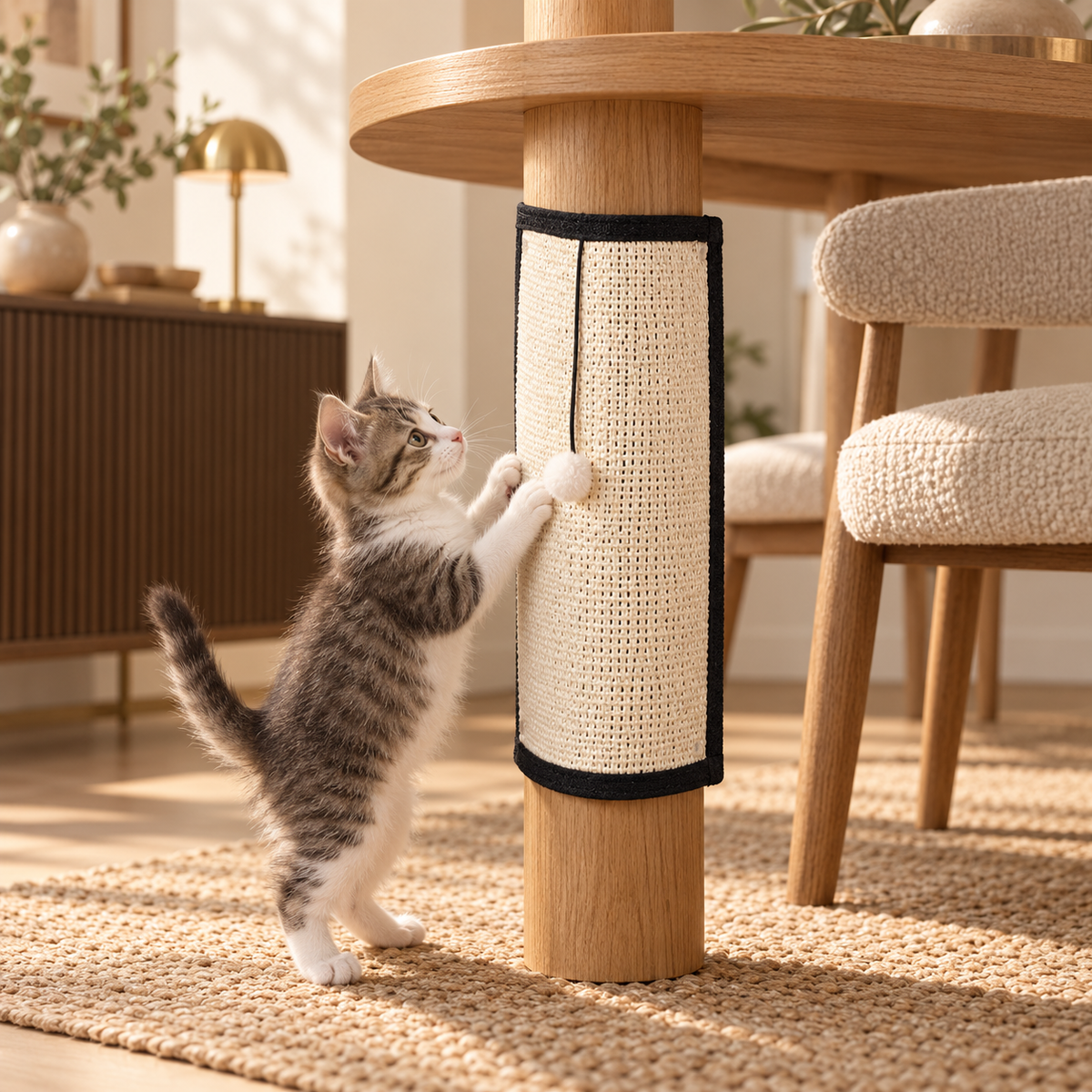 Kitten reaching up to scratch a sisal pad wrapped around a round light oak table leg