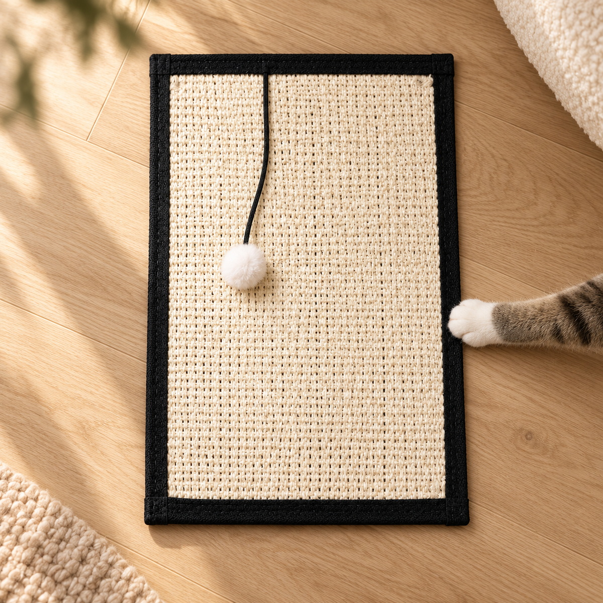 Overhead view of a sisal pad framed in black trim with a white pompom as a cat paw touches its edge