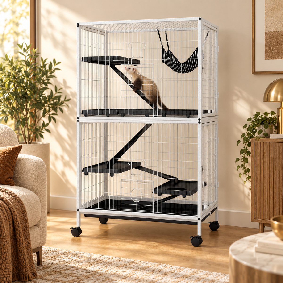 Ferret climbing a black ramp in the upper section of a two-level white wire ferret cage in a sunny living room
