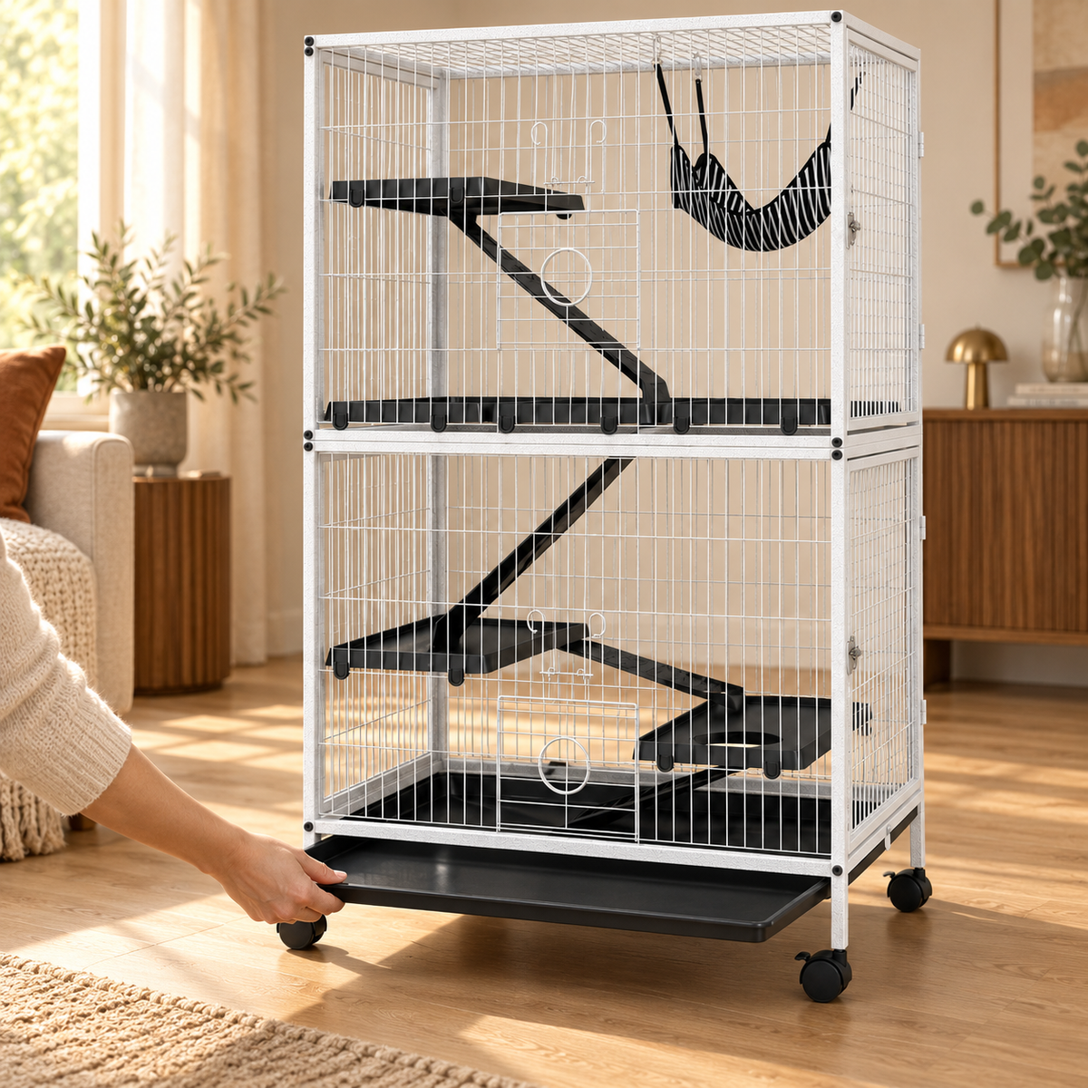 Hands pulling out the black bottom tray of a tall white wire small animal cage on casters on an oak floor