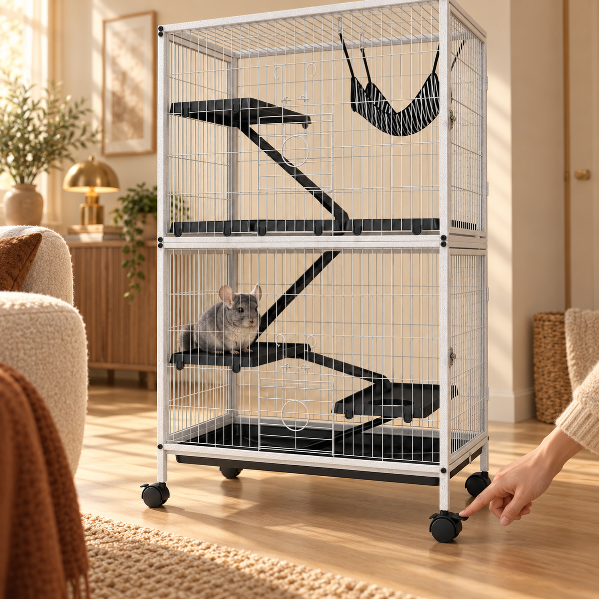 Hand pressing the lock on a black caster of a white wire chinchilla cage while a chinchilla sits on a platform