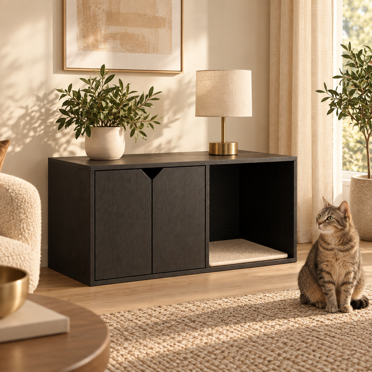 Tabby cat sitting beside a black wood cat litter box enclosure bench with two doors and an open side cubby
