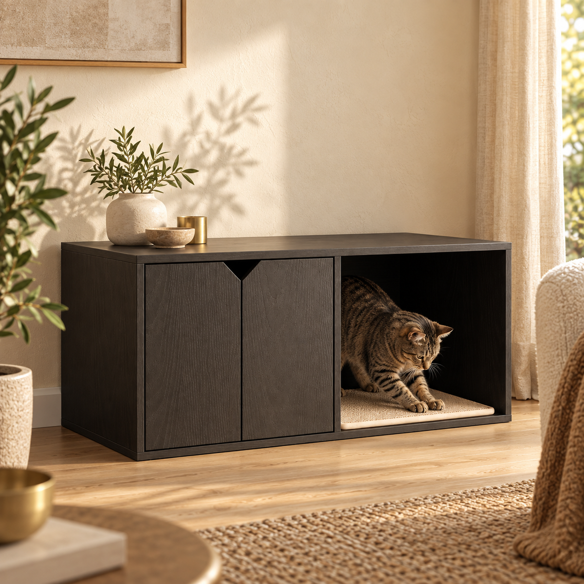 Tabby cat stepping out of the open cubby of a black wood litter box enclosure with a lamp and plant on top