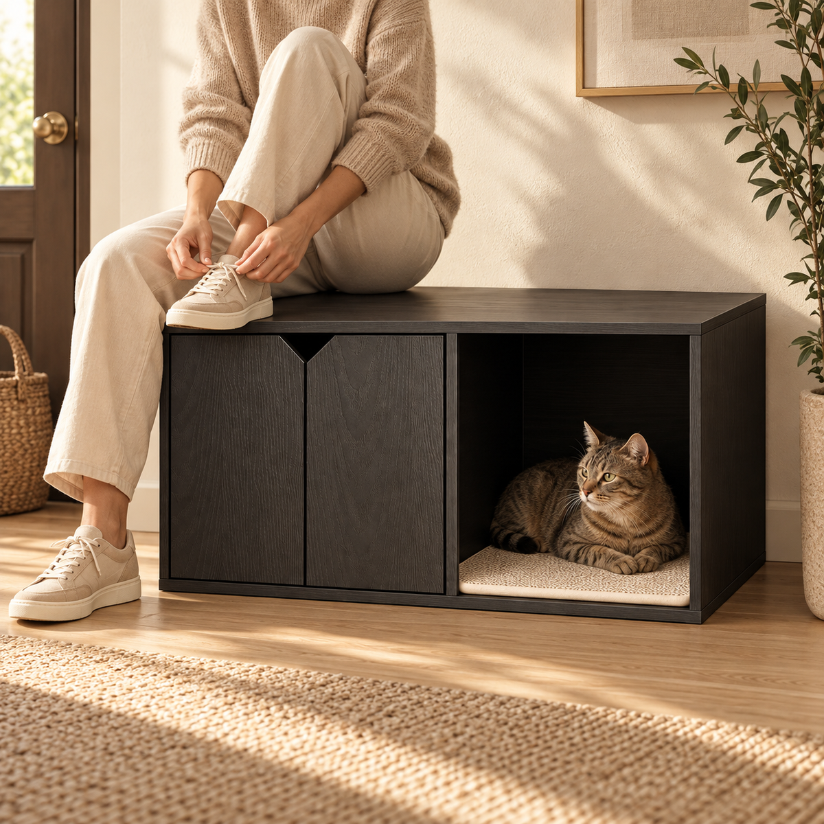 Person tying a sneaker while seated on a black litter box enclosure bench, a tabby cat resting in its open cubby