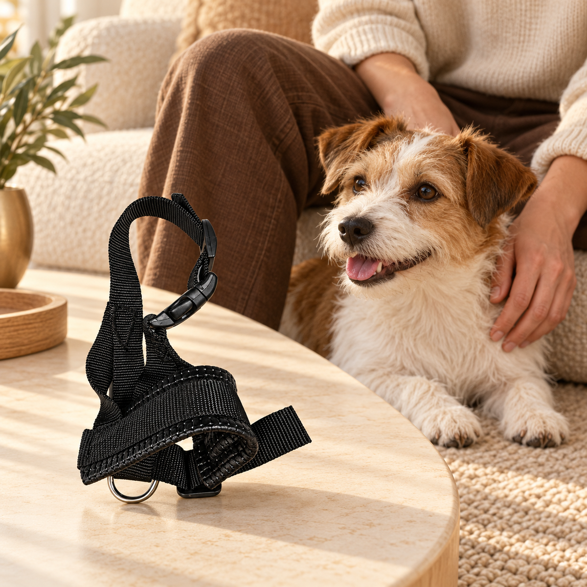 Small black padded nylon muzzle on a cream table beside an adult sitting with a relaxed tan and white dog