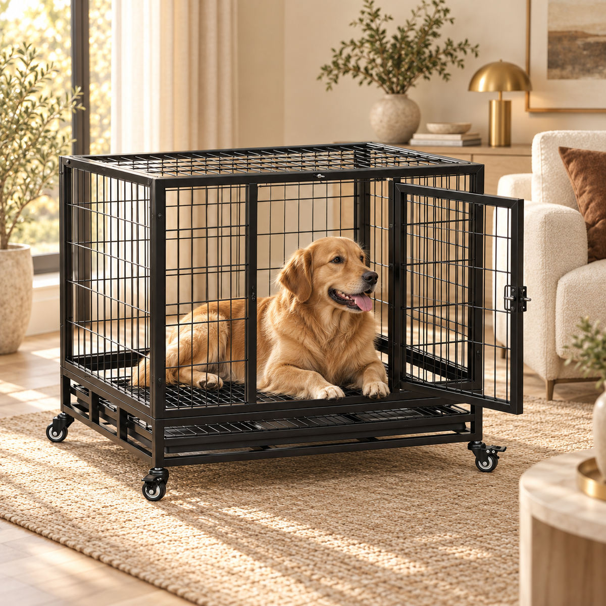 Golden retriever lying inside a black heavy-duty wire dog crate on wheels with its door open in a living room