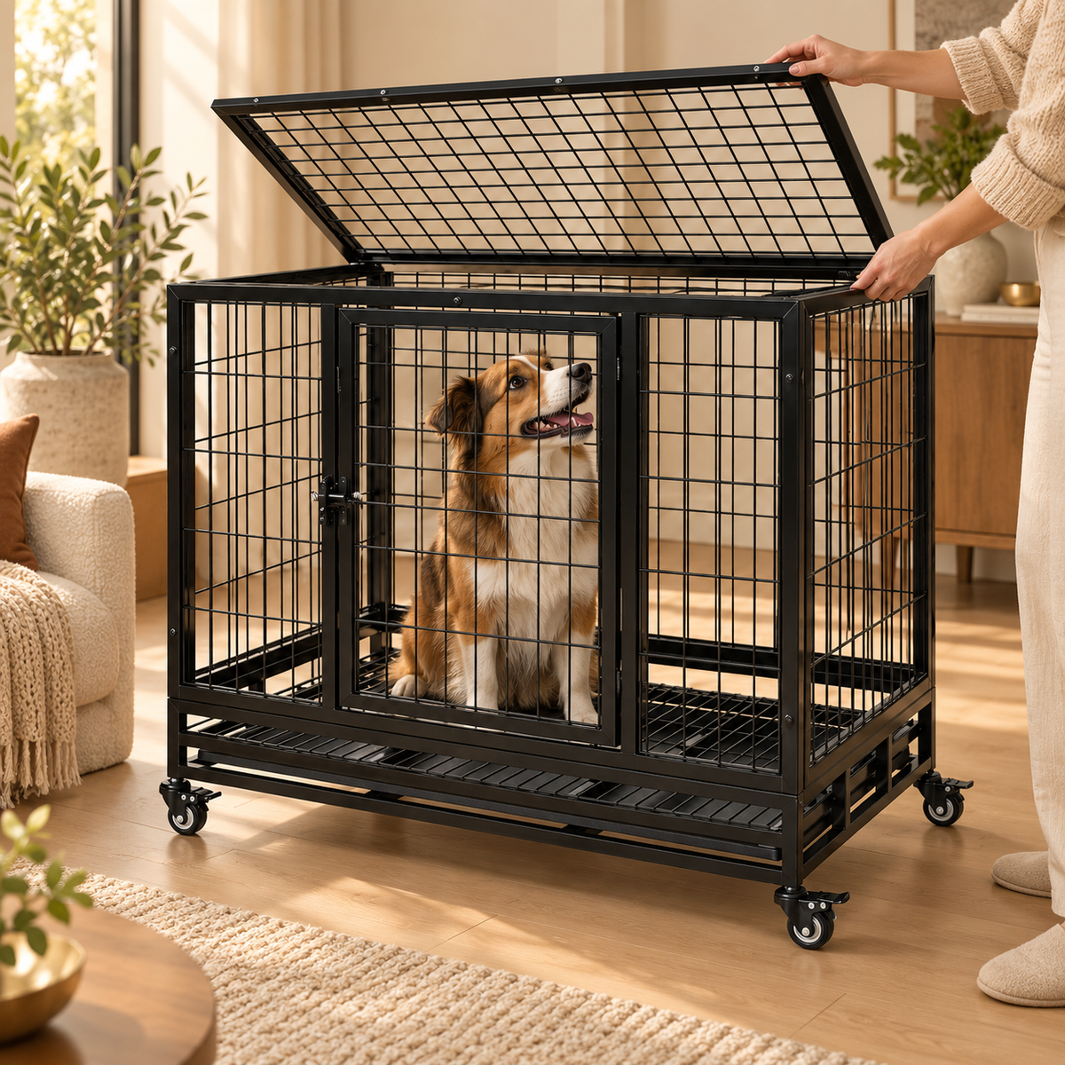 Person lifting the top lid of a black heavy-duty wire dog crate on wheels as a brown and white dog sits inside