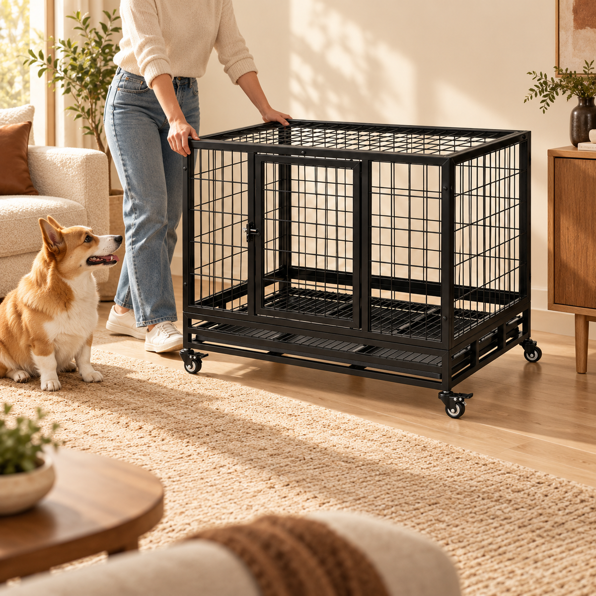 Person rolling a black heavy-duty wire dog crate on wheels across a rug while a corgi sits nearby