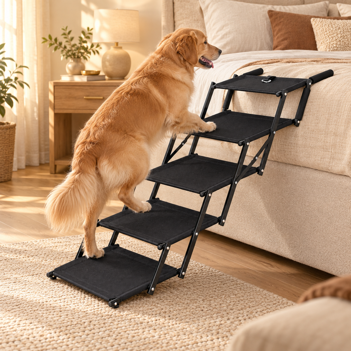 Golden retriever climbing a black five-step foldable dog stairs with fabric treads up to a bed