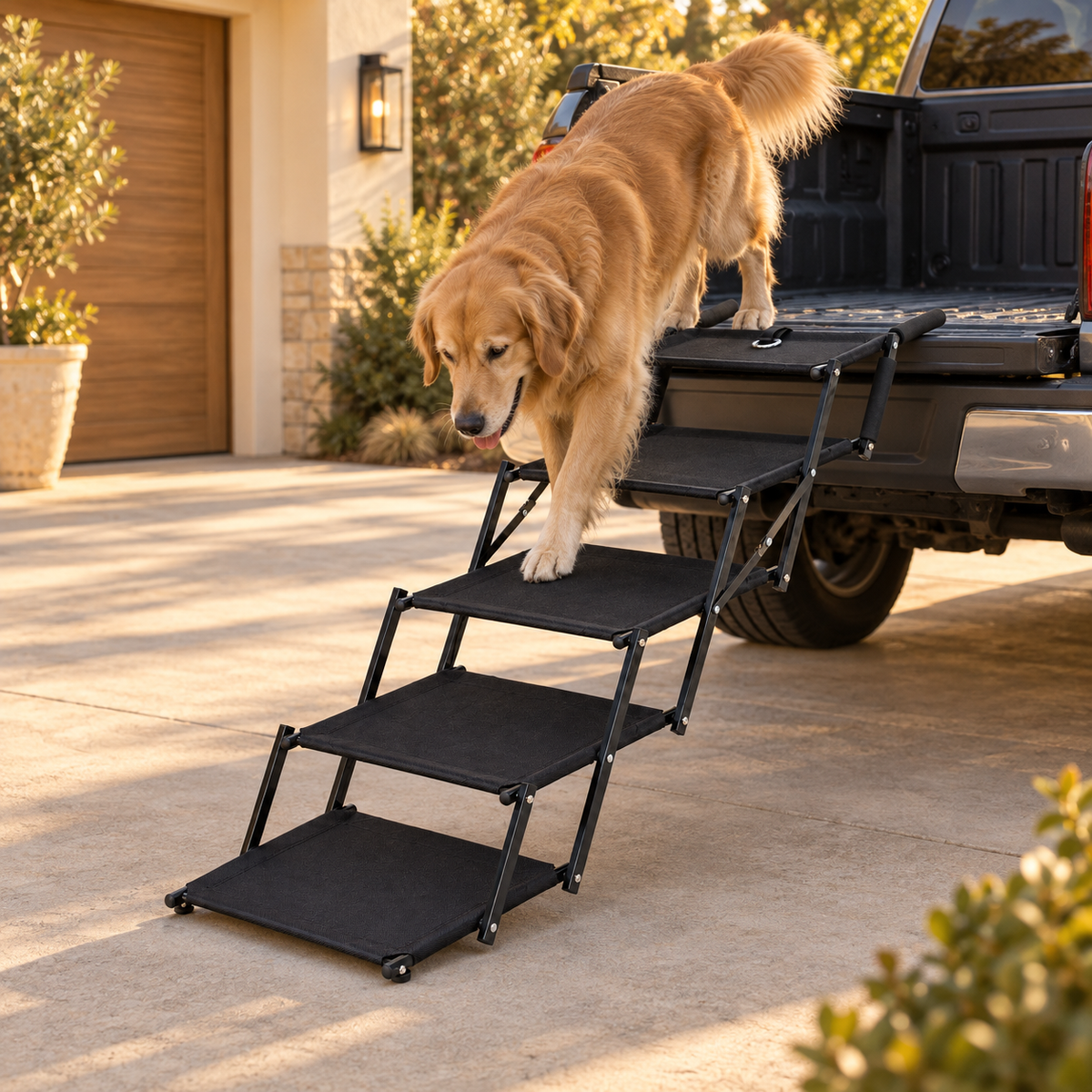 Golden retriever stepping down a black foldable dog stairs set against a pickup truck tailgate in a driveway