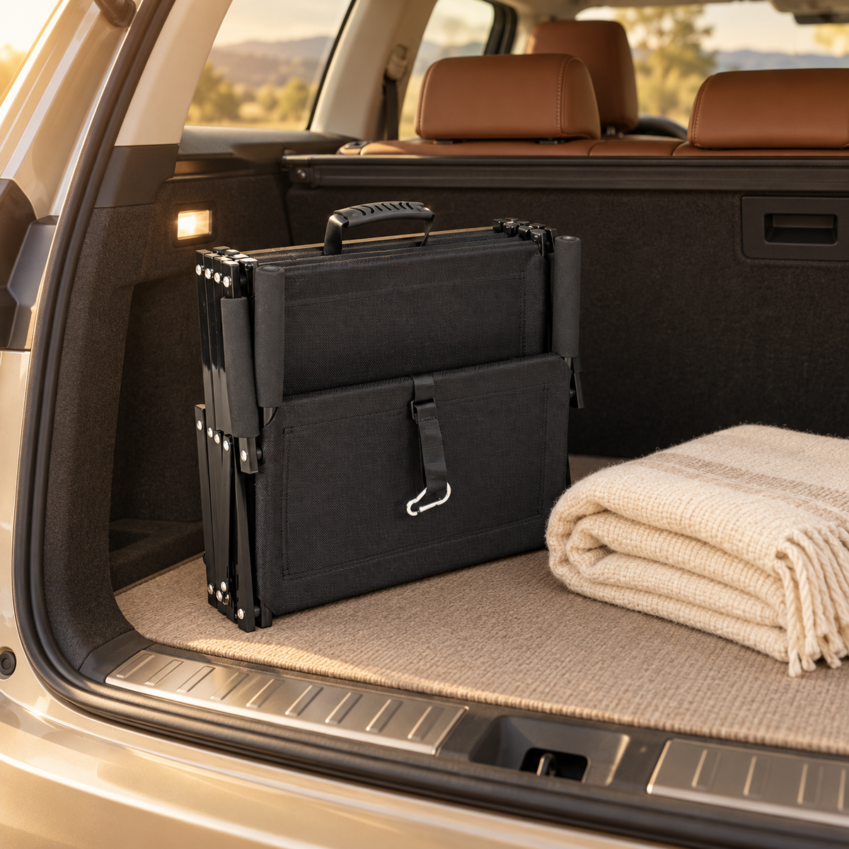 Black foldable dog stairs closed flat with a carry handle in an SUV cargo area beside a folded blanket