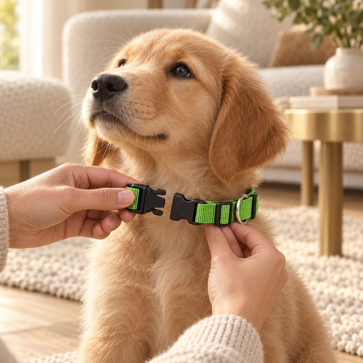 Hands fastening a green nylon collar on a golden retriever puppy sitting on a cream rug