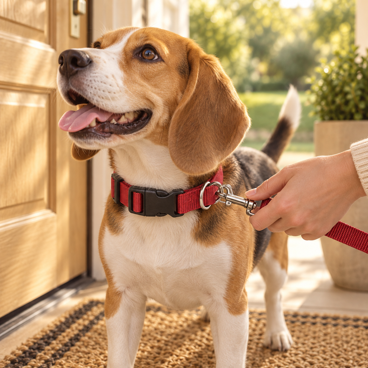 Hand clipping a leash onto the metal D-ring of a red collar on a beagle at the front door