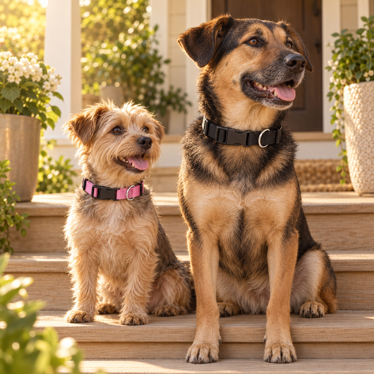 Small terrier in a pink collar and a shepherd mix in a black collar sitting on porch steps