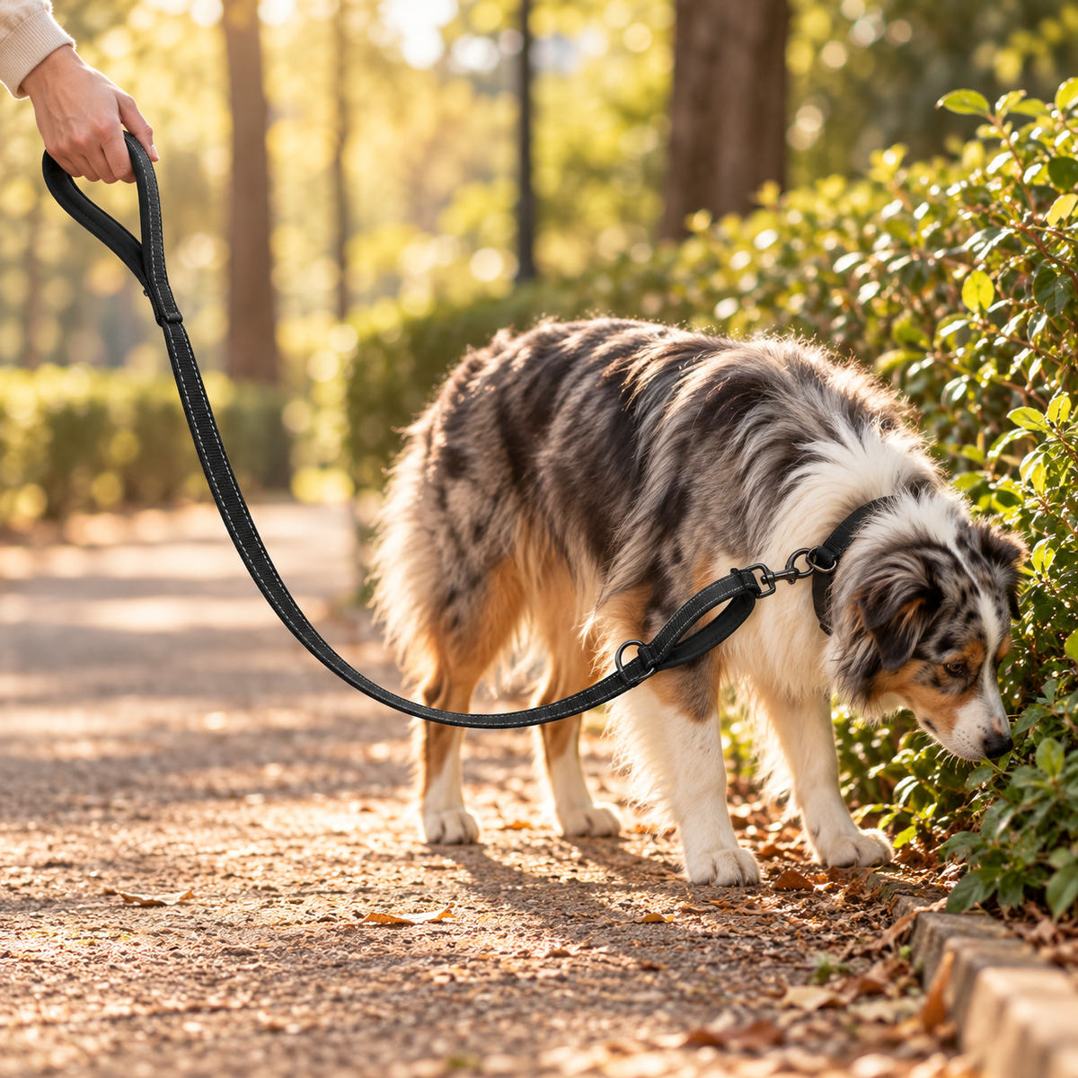 Dog sniffing a hedge on a slack green leash held by its padded end handle on a park path