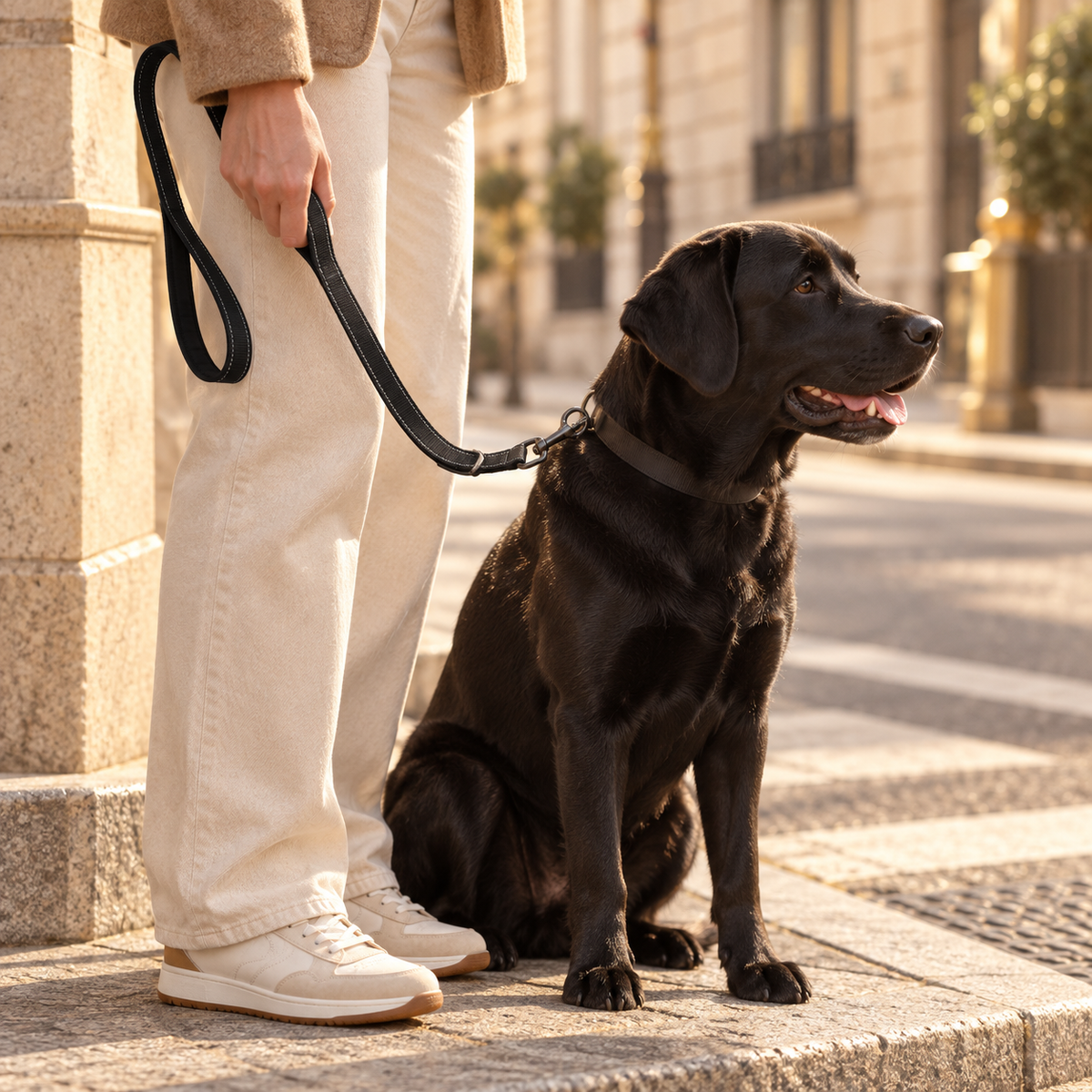 Hand holding the short handle near the clip of a black leash, labrador sitting close at a curb