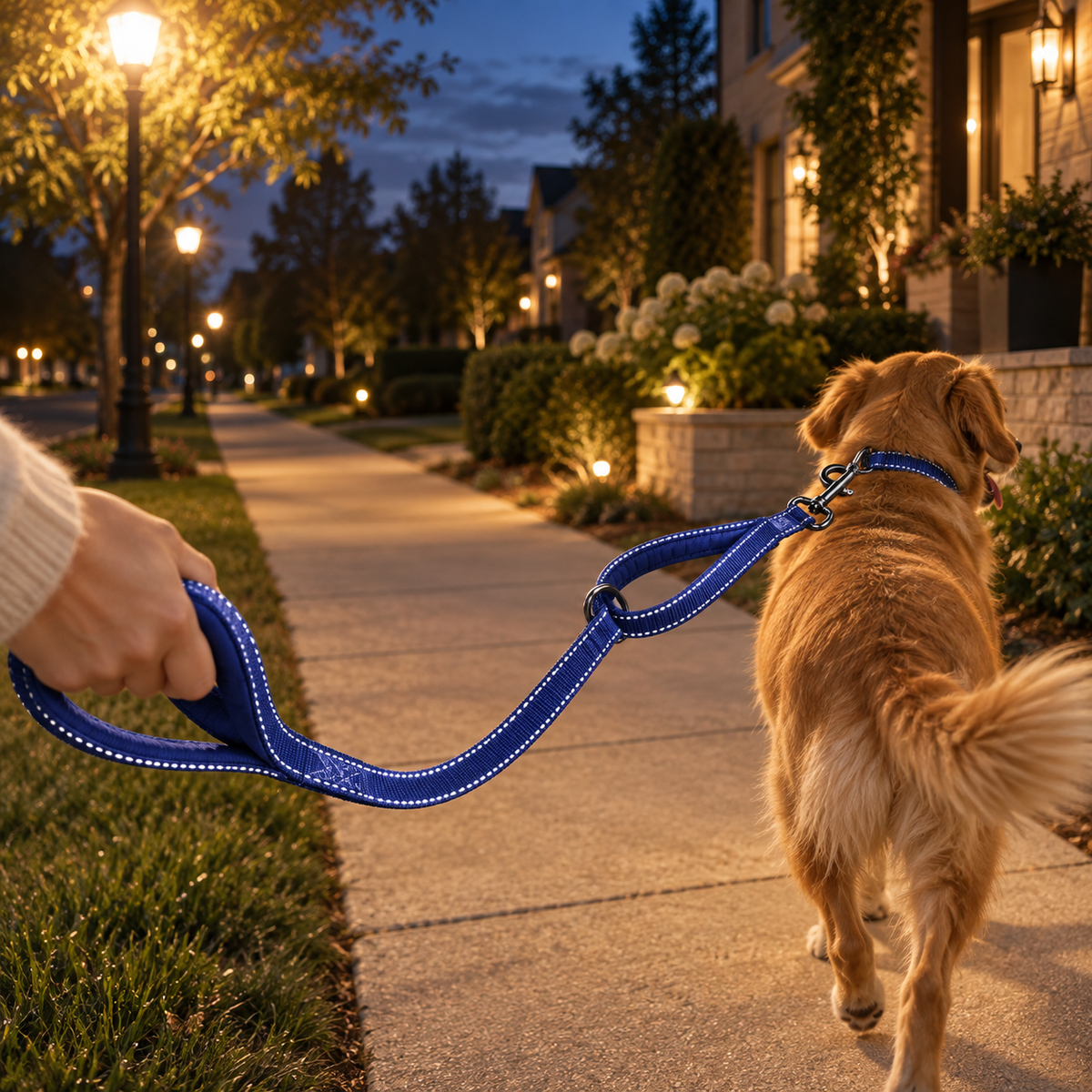 Blue leash with reflective stitching glowing in the lamplight on an evening walk