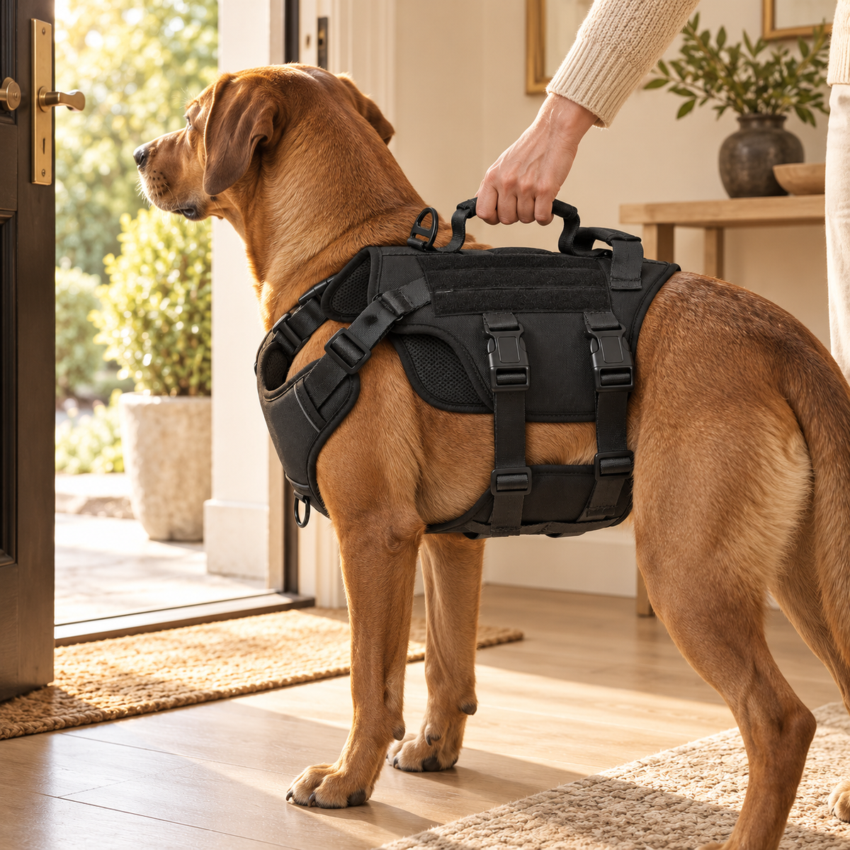 Hand resting on the top handle of a black harness worn by a brown dog at an open front door