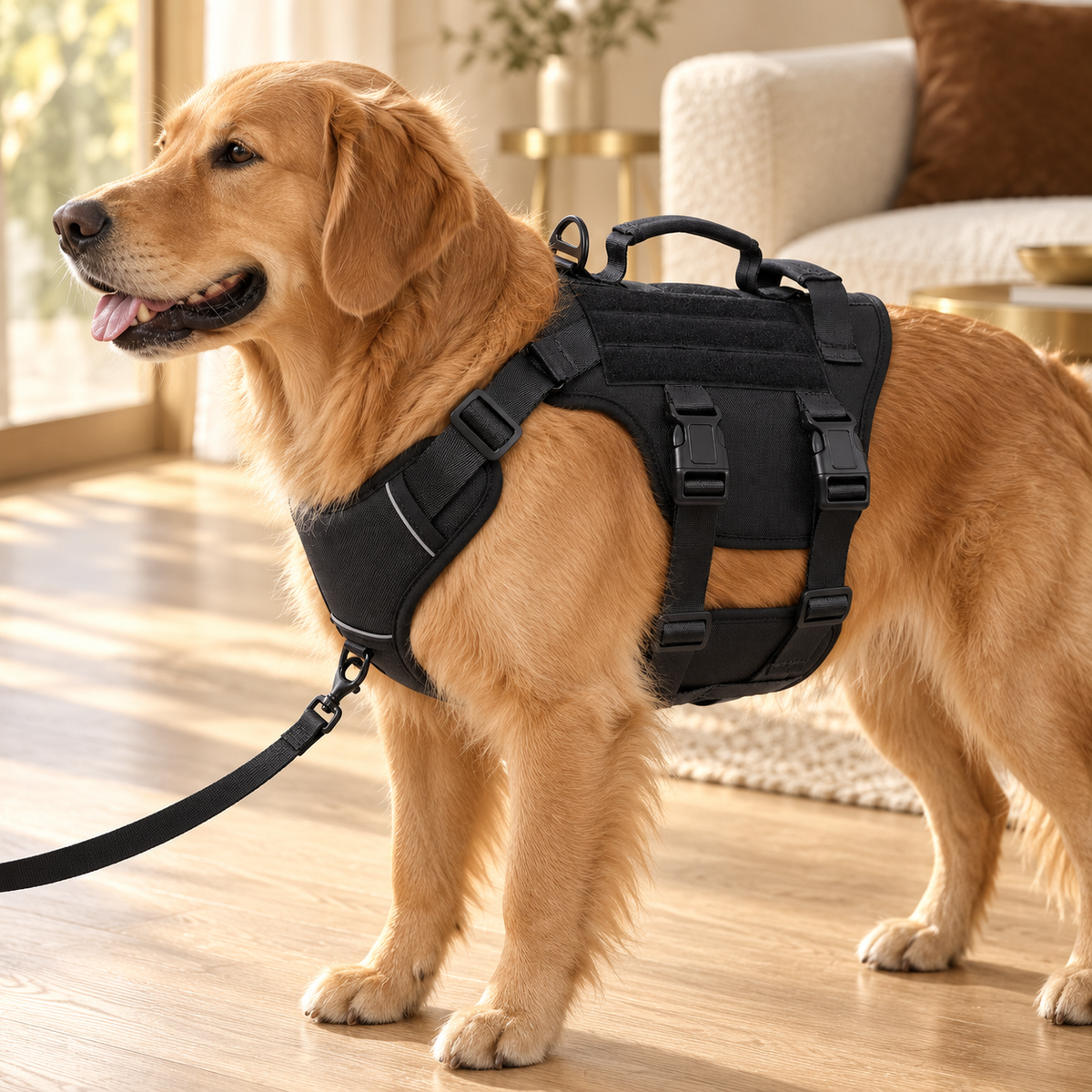 Golden retriever in a black vest harness with the leash clipped to the front chest ring