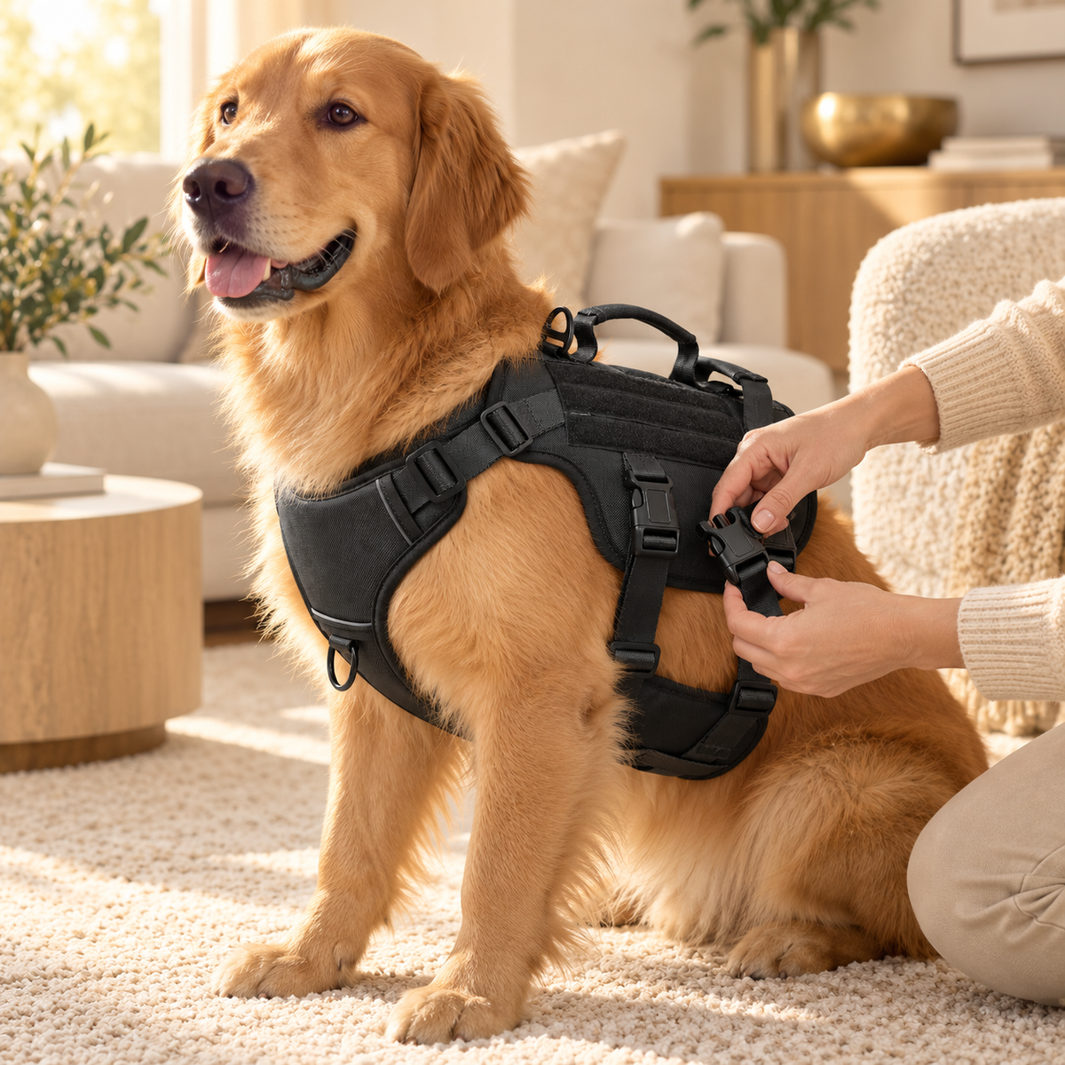 Hands fastening a side buckle on a black vest harness worn by a sitting golden retriever