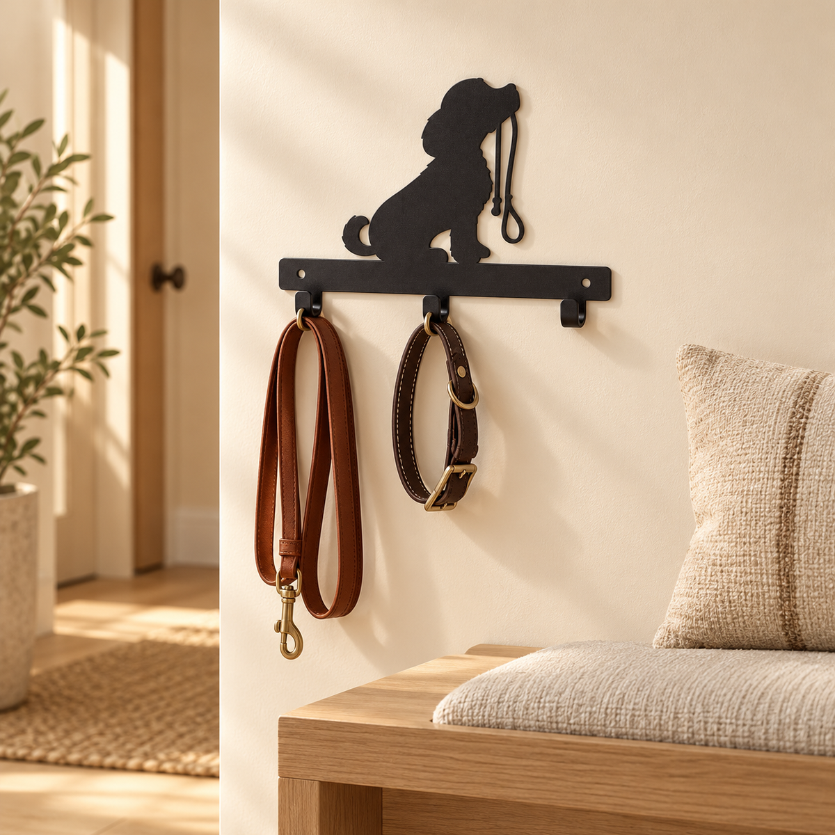 Brown leash and collar hanging from a black three-hook dog rack beside a cream entryway bench