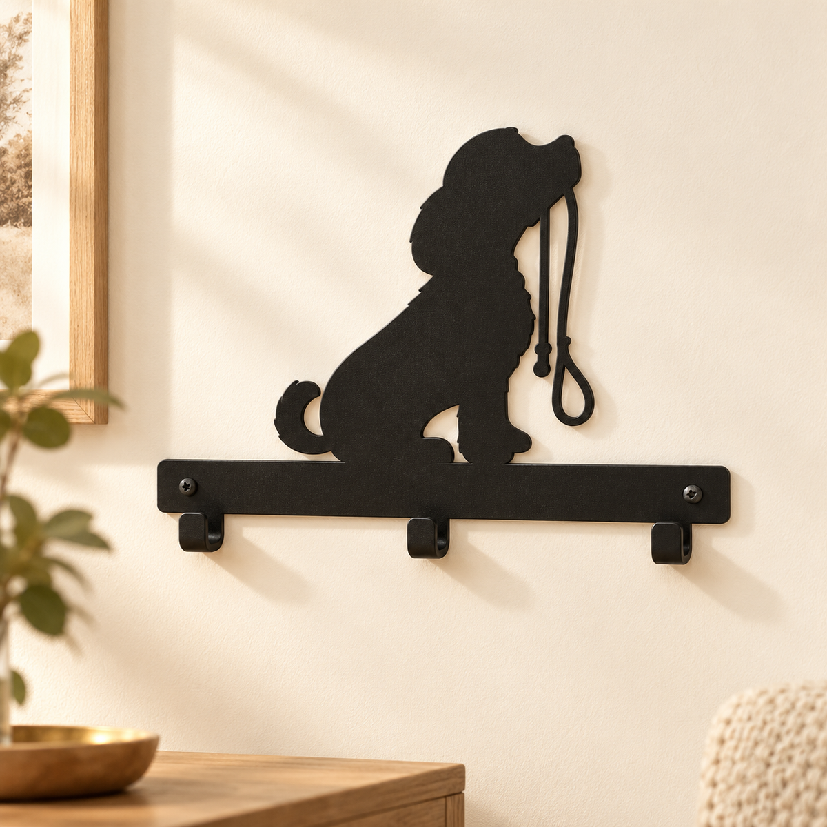 Black seated-dog silhouette and three empty hooks against a cream wall in soft daylight